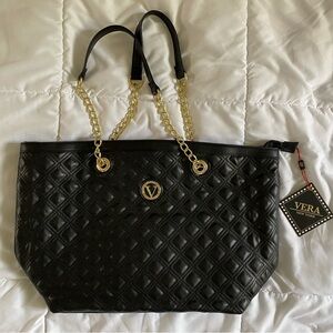 Vera New York Black Madeira Quilted Tote Bag with Gold Chain